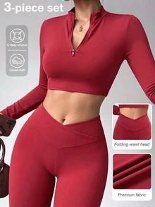 SHEIN Sports Women's Solid Color Long Sleeve Half-Zip T-Shirt And Leggings Sports Set - Red Violet - View 3