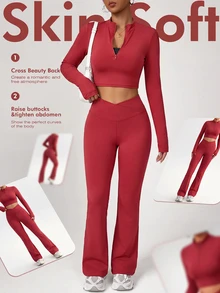 SHEIN Sports Women's Solid Color Long Sleeve Half-Zip T-Shirt And Leggings Sports Set - Red Violet - View 9