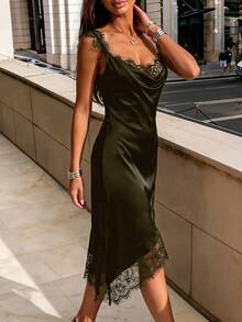 RosyDaze 女款優雅緞面與蕾絲拼接不對稱下擺洋裝，適合度假穿著與約會 - 軍綠色 - 查看 4
