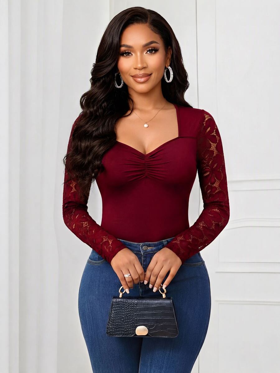 SHEIN Lady Women's Lace Patchwork Ruffle Fitted Casual Long Sleeve T-Shirt - Burgundy - View 1