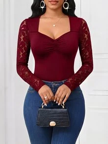 SHEIN Lady Women's Lace Patchwork Ruffle Fitted Casual Long Sleeve T-Shirt - Burgundy - View 6