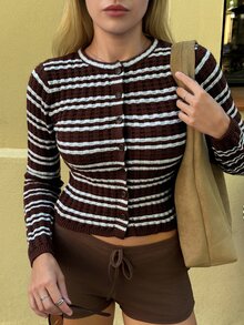 Dewbera Dewbera Women's Striped Long Sleeve Single-Breasted Knit Cardigan - Multicolor - View 4