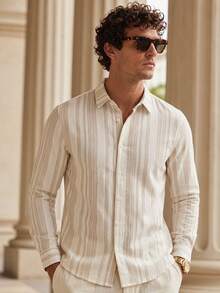 HIMLAND Loose Men's Vertical Striped Woven Casual Long Sleeve Shirt - Khaki - View 8