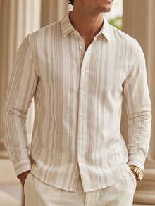 HIMLAND Loose Men's Vertical Striped Woven Casual Long Sleeve Shirt - Khaki - View 9