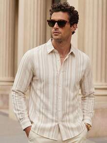 HIMLAND Loose Men's Vertical Striped Woven Casual Long Sleeve Shirt - Khaki - View 1
