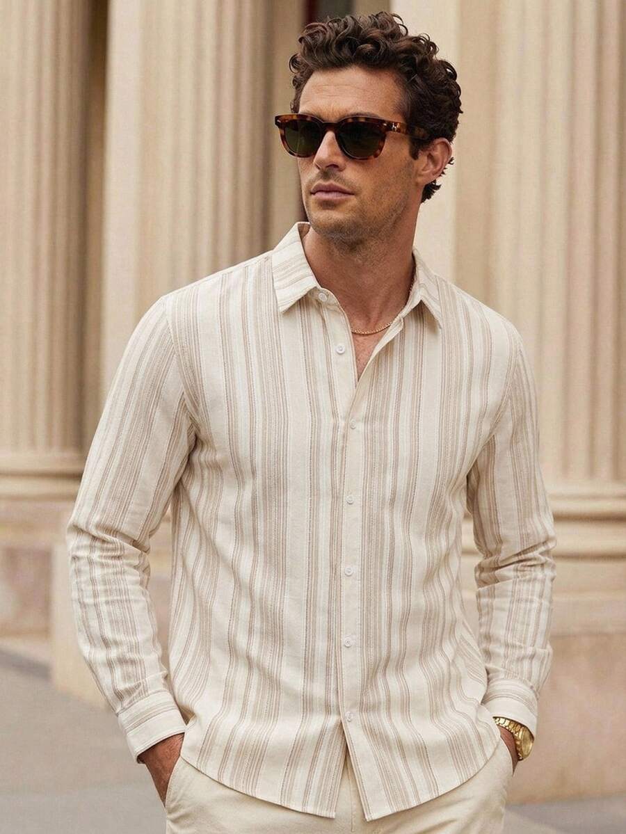 HIMLAND Loose Men's Vertical Striped Woven Casual Long Sleeve Shirt - Khaki - View 1