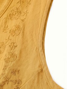 Linhara Vestido de talla grande para mujer de estilo minimalista de unicolor de algodón y lino con cuello redondo bordado sin mangas línea A de longitud media, adecuado para vacaciones casuales de verano - Amarillo - Ver 4