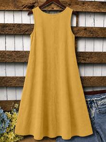 Linhara Vestido de talla grande para mujer de estilo minimalista de unicolor de algodón y lino con cuello redondo bordado sin mangas línea A de longitud media, adecuado para vacaciones casuales de verano - Amarillo - Ver 2