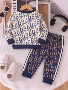 2pcs/Set Camouflage Letter Vintage English Graphic Print Apricot Sweatshirt & Navy Blue Long Pants Set For Boys - Black - View 3