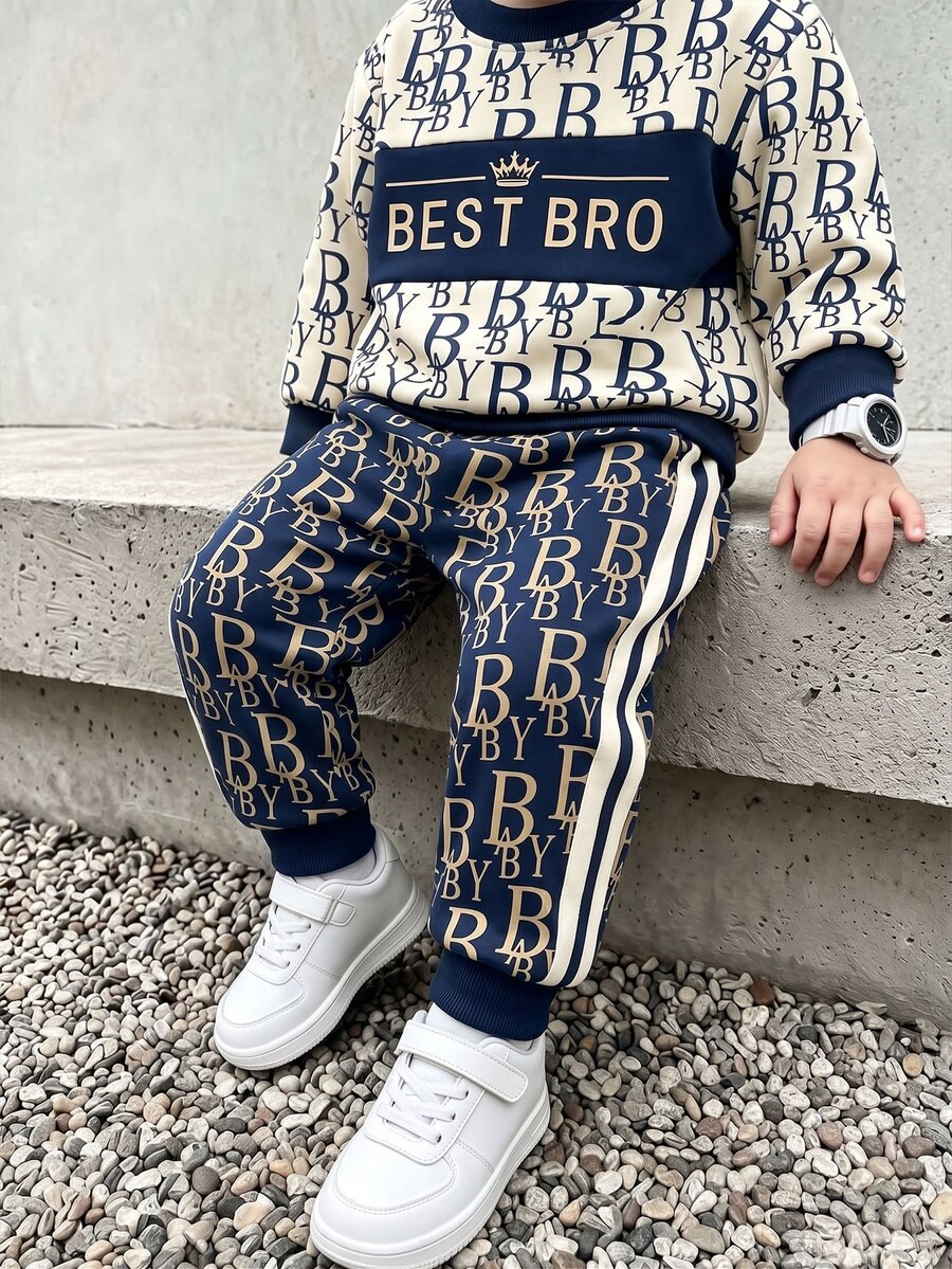 2pcs/Set Camouflage Letter Vintage English Graphic Print Apricot Sweatshirt & Navy Blue Long Pants Set For Boys - Black - View 1