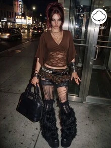 EgrlEra 女款性感深V領修身復古針織T恤，棕色花卉秋季夜店約會穿搭 - 咖啡棕 - 查看 1