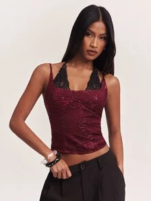 SHEIN BAE Women's Textured Contrast Lace Fashion Halter Tank Top - Burgundy - View 7
