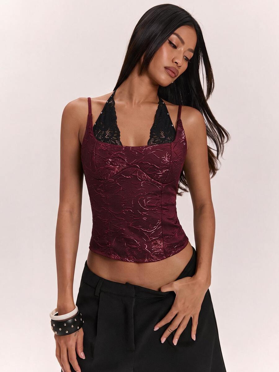 SHEIN BAE Women's Textured Contrast Lace Fashion Halter Tank Top - Burgundy - View 1