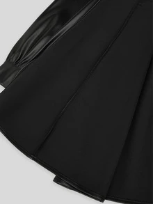 Sweetra Plus Size Street Casual Autumn/Winter Christmas Zipper Belt PU Leather A-Line Long Sleeve Dress - Black - View 5