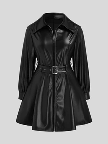 Sweetra Plus Size Street Casual Autumn/Winter Christmas Zipper Belt PU Leather A-Line Long Sleeve Dress - Black - View 3