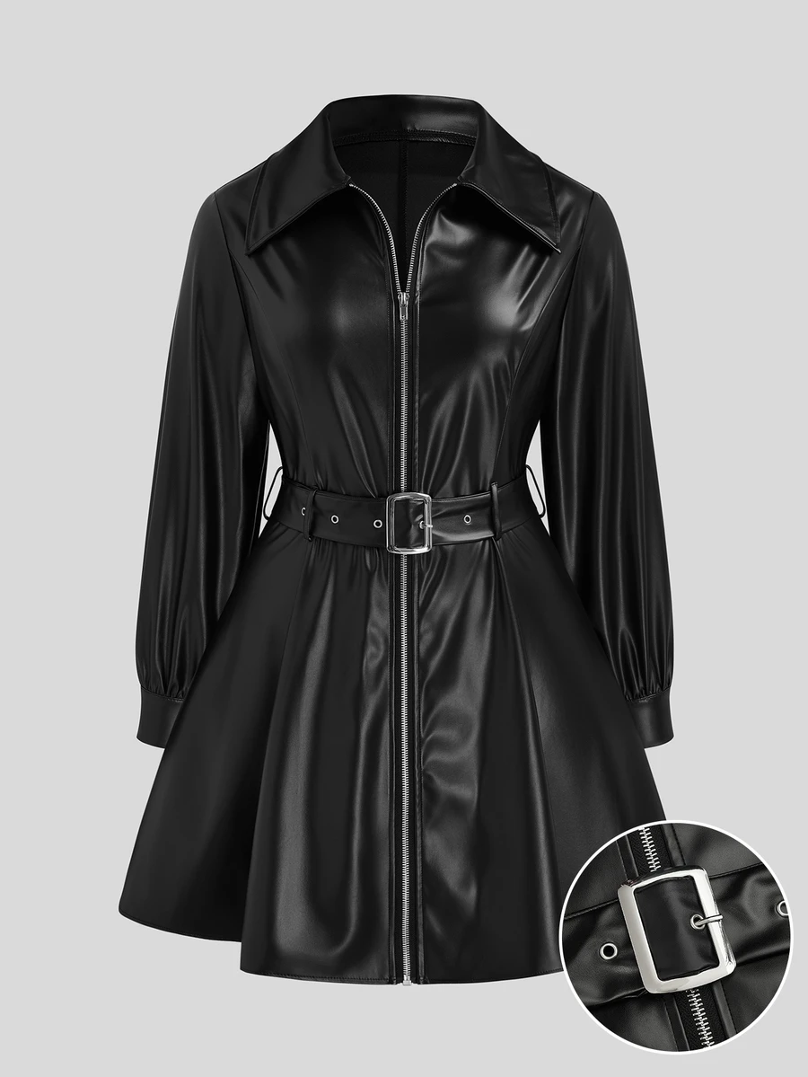 Sweetra Plus Size Street Casual Autumn/Winter Christmas Zipper Belt PU Leather A-Line Long Sleeve Dress - Black - View 1