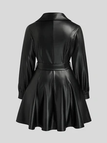 Sweetra Plus Size Street Casual Autumn/Winter Christmas Zipper Belt PU Leather A-Line Long Sleeve Dress - Black - View 2
