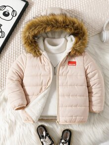 SHEIN 兒童 1 件小男孩休閒百搭舒適寬鬆實用純色拉鍊連帽冬季外套，附毛飾邊 - 卡其色 - 查看 3