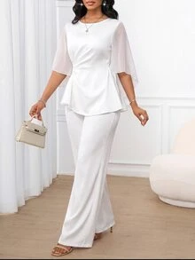 SHEIN Lady Women's Elegant Commuter Top And Pants 2 Pieces Set - White - View 4