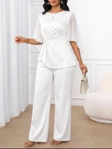 SHEIN Lady Women's Elegant Commuter Top And Pants 2 Pieces Set - White - View 5