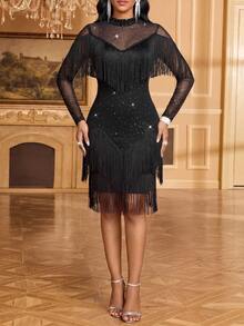 SHEIN Lady Women's Mesh Tassel Design Casual Party Mid-Length Dress - Black - View 3