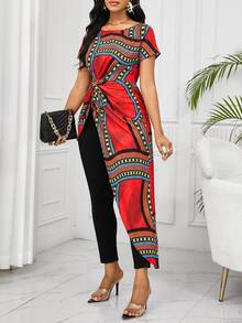 SHEIN Lady Women's Round Neck Short Sleeve Twisted Asymmetrical Hem Line Printed Shirt Print - Multicolor - View 5