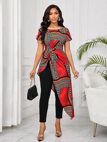 SHEIN Lady Women's Round Neck Short Sleeve Twisted Asymmetrical Hem Line Printed Shirt Print - Multicolor - View 1