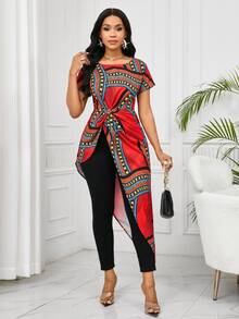 SHEIN Lady Women's Round Neck Short Sleeve Twisted Asymmetrical Hem Line Printed Shirt Print - Multicolor - View 6