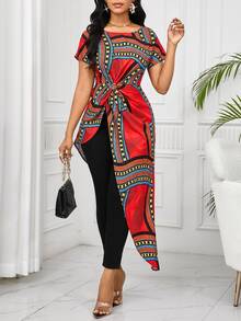 SHEIN Lady Women's Round Neck Short Sleeve Twisted Asymmetrical Hem Line Printed Shirt Print - Multicolor - View 4