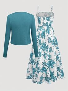 Grovea Plus Size 2-Piece Set: Solid Color Long Sleeve Jacket And Floral Print Slip Dress Fall Cloth For Women - Teal Blue - View 3
