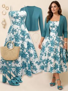 Grovea Plus Size 2-Piece Set: Solid Color Long Sleeve Jacket And Floral Print Slip Dress Fall Cloth For Women - Teal Blue - View 1