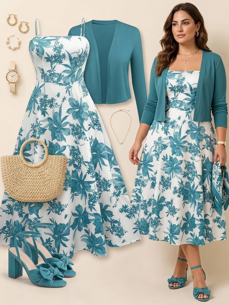 Grovea Plus Size 2-Piece Set: Solid Color Long Sleeve Jacket And Floral Print Slip Dress Fall Cloth For Women - Teal Blue - View 1
