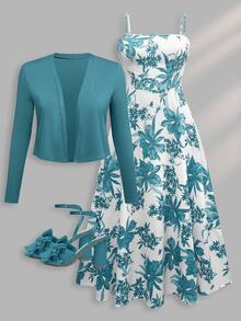 Grovea Plus Size 2-Piece Set: Solid Color Long Sleeve Jacket And Floral Print Slip Dress Fall Cloth For Women - Teal Blue - View 2