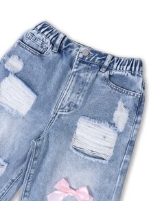 SHEIN Girls Y2K Sweet & Cool Style Washed Light Blue High Waist Elastic Straight Leg Wide Leg Jeans With Large Distressed Ripped Design, Pink Bow Decor, Versatile Streetwear Fashion Denim Pants - Medium Wash - View 6