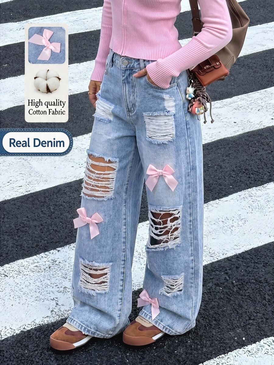 SHEIN Girls Y2K Sweet & Cool Style Washed Light Blue High Waist Elastic Straight Leg Wide Leg Jeans With Large Distressed Ripped Design, Pink Bow Decor, Versatile Streetwear Fashion Denim Pants - Medium Wash - View 1