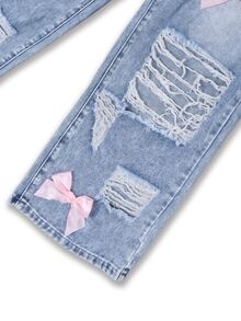 SHEIN Girls Y2K Sweet & Cool Style Washed Light Blue High Waist Elastic Straight Leg Wide Leg Jeans With Large Distressed Ripped Design, Pink Bow Decor, Versatile Streetwear Fashion Denim Pants - Medium Wash - View 9