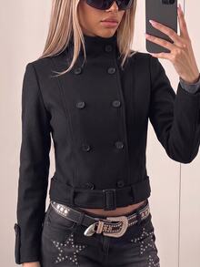 SHEIN ICON Women's Solid Color Stand Collar Long Sleeve Double-Breasted Overcoat - Black - View 5
