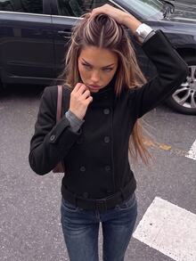 SHEIN ICON Women's Solid Color Stand Collar Long Sleeve Double-Breasted Overcoat - Black - View 7