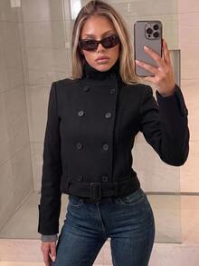 SHEIN ICON Women's Solid Color Stand Collar Long Sleeve Double-Breasted Overcoat - Black - View 3