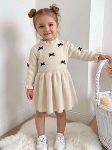 SHEIN Baby Girls Ruffled Collar Floral Knitted Sweater Dress, Soft & Versatile Long Sleeve Princess Style Pullover Suitable For Autumn/Winter Holidays - Apricot - View 3