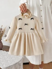 SHEIN Baby Girls Ruffled Collar Floral Knitted Sweater Dress, Soft & Versatile Long Sleeve Princess Style Pullover Suitable For Autumn/Winter Holidays - Apricot - View 8