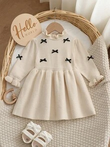 SHEIN Baby Girls Ruffled Collar Floral Knitted Sweater Dress, Soft & Versatile Long Sleeve Princess Style Pullover Suitable For Autumn/Winter Holidays - Apricot - View 4