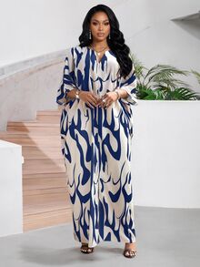 SHEIN Lady 女式V领撞色全印花宽松优雅中长连衣裙 - 白色 - 查看 1