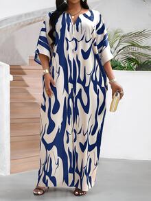 SHEIN Lady 女式V领撞色全印花宽松优雅中长连衣裙 - 白色 - 查看 5