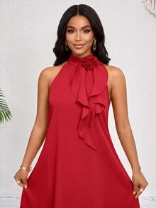 SHEIN Lady 3D Three-Dimensional Flower Ruffles Decorate The Neckline.Red Mid-Length Dress.Elegant Ladies Loose And Casual.Spring Vacation Bohemian Christmas - Red - View 1