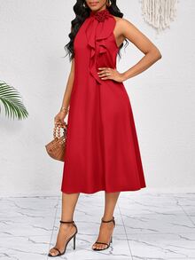 SHEIN Lady 3D Three-Dimensional Flower Ruffles Decorate The Neckline.Red Mid-Length Dress.Elegant Ladies Loose And Casual.Spring Vacation Bohemian Christmas - Red - View 5
