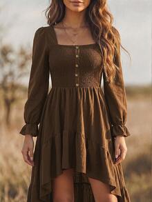 LanaWest CURVE Vacation Style Square Neck Long Sleeve Dress Bohemian Style Asymmetrical Ruffle Hem Plus Size Dress Fall - Brown - View 7