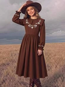 少女早秋休閒優雅黑白波點印花收腰洋裝，波點洋裝，適合日常優雅穿搭、返校季與畢業季場合 - 棕色 - 查看 3