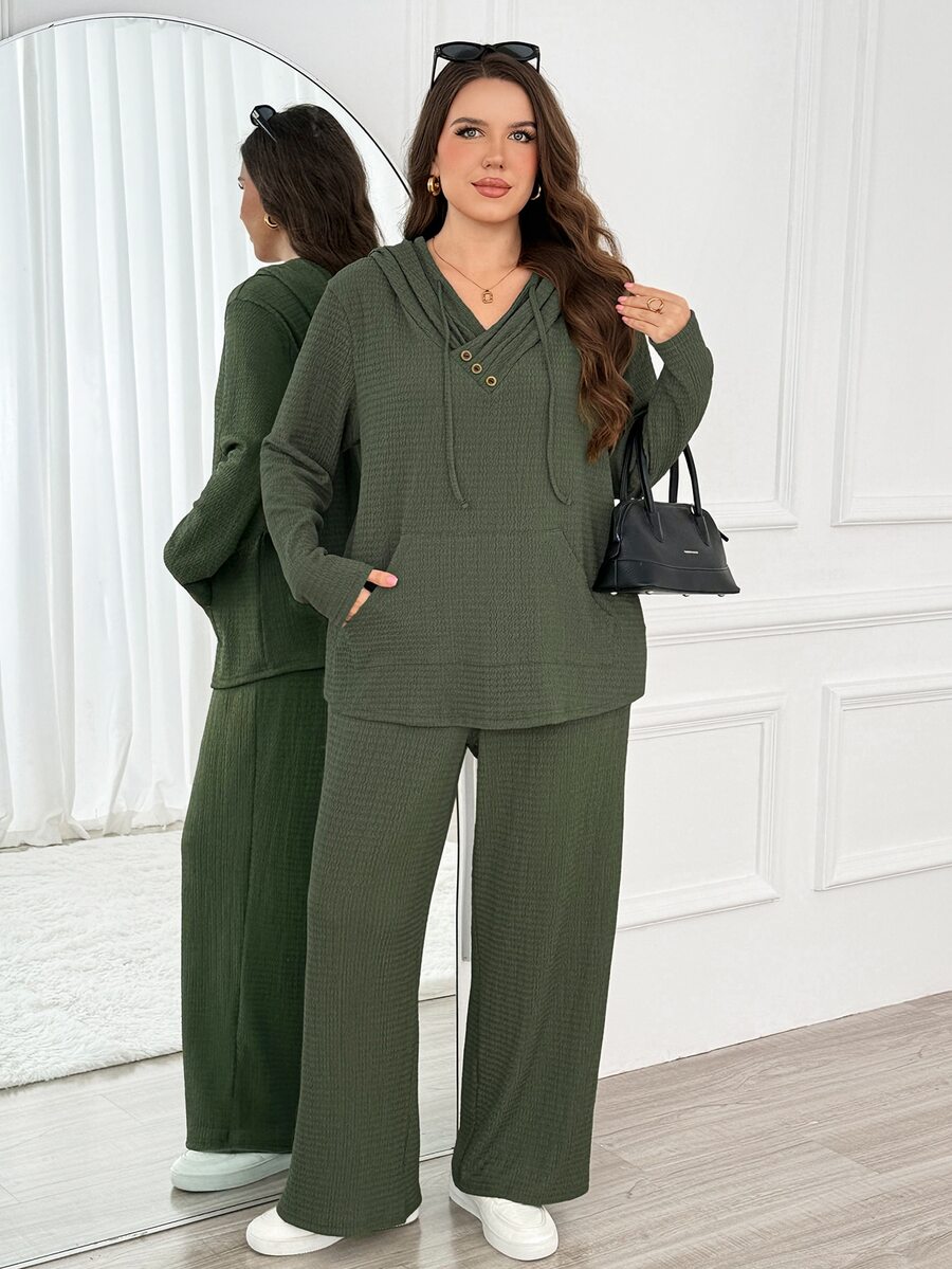 SHEIN LUNE طقم كاجوال من قطعتين للنساء بمقاسات كبيرة، ملابس علوية بغطاء رأس وحبل شد وجيوب وأكمام طويلة وبنطال، بلون موحد، للخريف - اخضر زيتون - مشاهدة 1