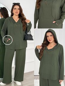 SHEIN LUNE طقم كاجوال من قطعتين للنساء بمقاسات كبيرة، ملابس علوية بغطاء رأس وحبل شد وجيوب وأكمام طويلة وبنطال، بلون موحد، للخريف - اخضر زيتون - مشاهدة 7